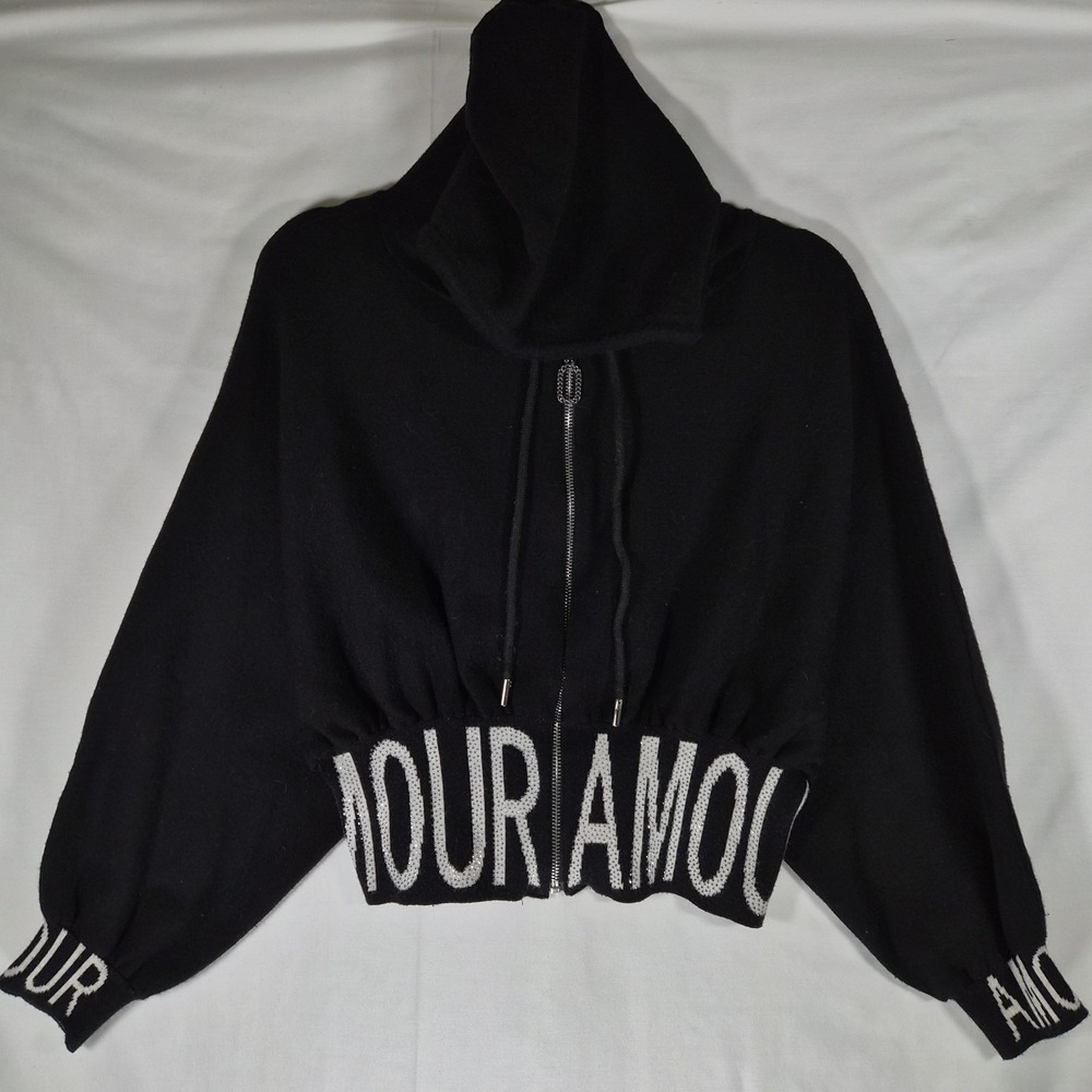 Enzoria Y2k Style Oversized Cropped Black‎ Zip Up Hoodie Rhinestone One Size